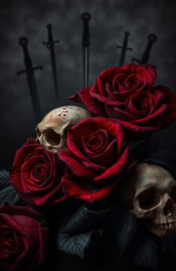 A dark romance cover background featuring deep red and black roses that have blood stains on their petals, intertwined with intricate skulls