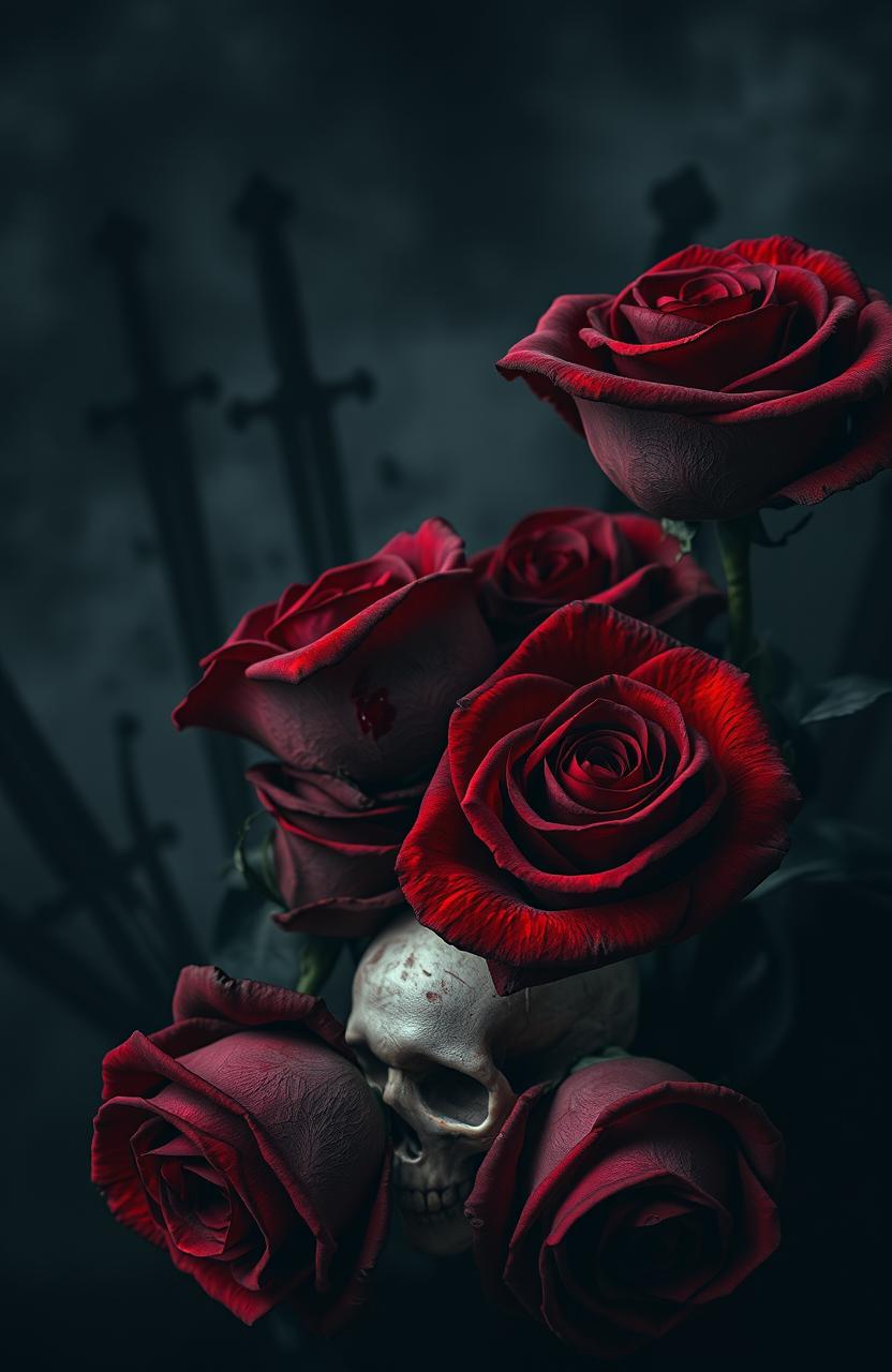 A dark romance cover background featuring deep red and black roses that have blood stains on their petals, intertwined with intricate skulls