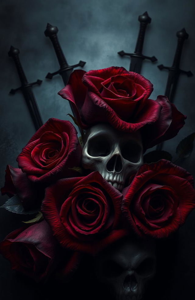 A dark romance cover background featuring deep red and black roses that have blood stains on their petals, intertwined with intricate skulls