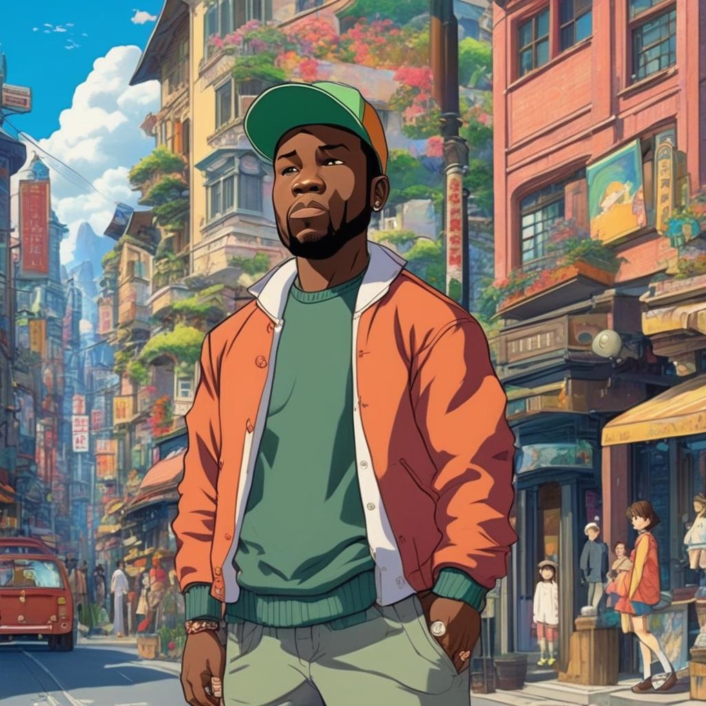 50 Cent as a Studio Ghibli character in a retro 90s anime cityscape.