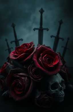 A dark romance cover background featuring deep red and black roses that have blood stains on their petals, intertwined with intricate skulls