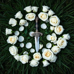 A bird's eye view image featuring a beautiful arrangement of white roses placed on a dark green grass background, forming an uneven circle around a captivating dagger located in the center
