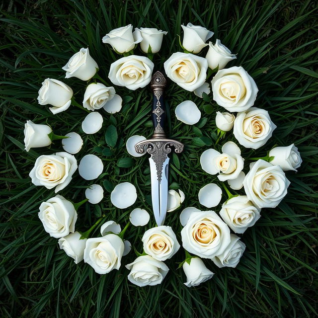 A bird's eye view image featuring a beautiful arrangement of white roses placed on a dark green grass background, forming an uneven circle around a captivating dagger located in the center