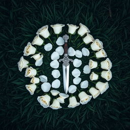 A bird's eye view image featuring a beautiful arrangement of white roses placed on a dark green grass background, forming an uneven circle around a captivating dagger located in the center