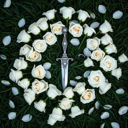 A bird's eye view image featuring a beautiful arrangement of white roses placed on a dark green grass background, forming an uneven circle around a captivating dagger located in the center