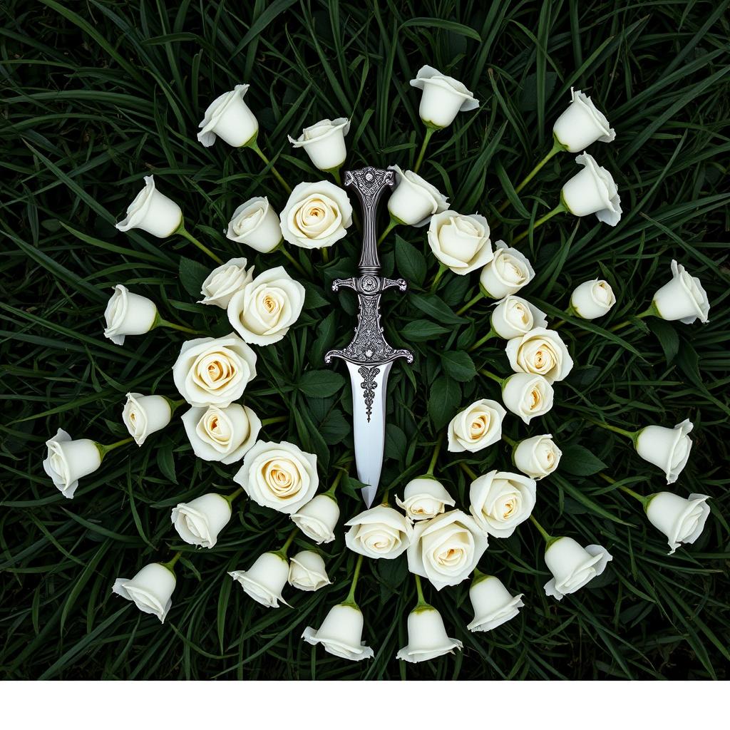 A bird's eye view image featuring a beautiful arrangement of white roses placed on a dark green grass background, forming an uneven circle around a captivating dagger located in the center