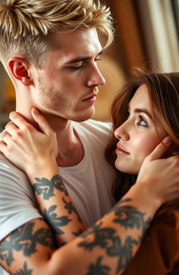 A young man around 24 years old with light blonde hair and brown eyes, adorned with tattoos on his arms and a small beard, holds a young woman around 22 years old by the neck in a tender manner