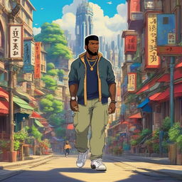 50 Cent as a Studio Ghibli character in a retro 90s anime cityscape.