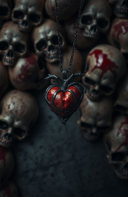 A background filled with skulls, featuring dark and blood-stained elements in shades of red and black