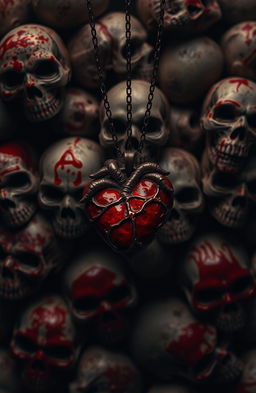 A background filled with skulls, featuring dark and blood-stained elements in shades of red and black