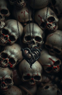 A background filled with skulls, featuring dark and blood-stained elements in shades of red and black
