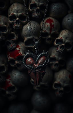 A background filled with skulls, featuring dark and blood-stained elements in shades of red and black
