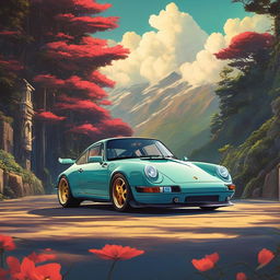 Porsche GT3 in a Studio Ghibli film poster with a retro 90s Ghibli aesthetic.