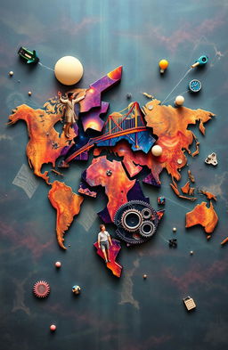 A symbolic and abstract representation of the missing links in the map of humanity in the modern era, featuring a plastic art style that includes vibrant colors and surreal elements