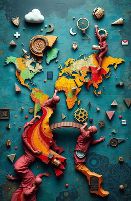 A symbolic and abstract representation of the missing links in the map of humanity in the modern era, featuring a plastic art style that includes vibrant colors and surreal elements