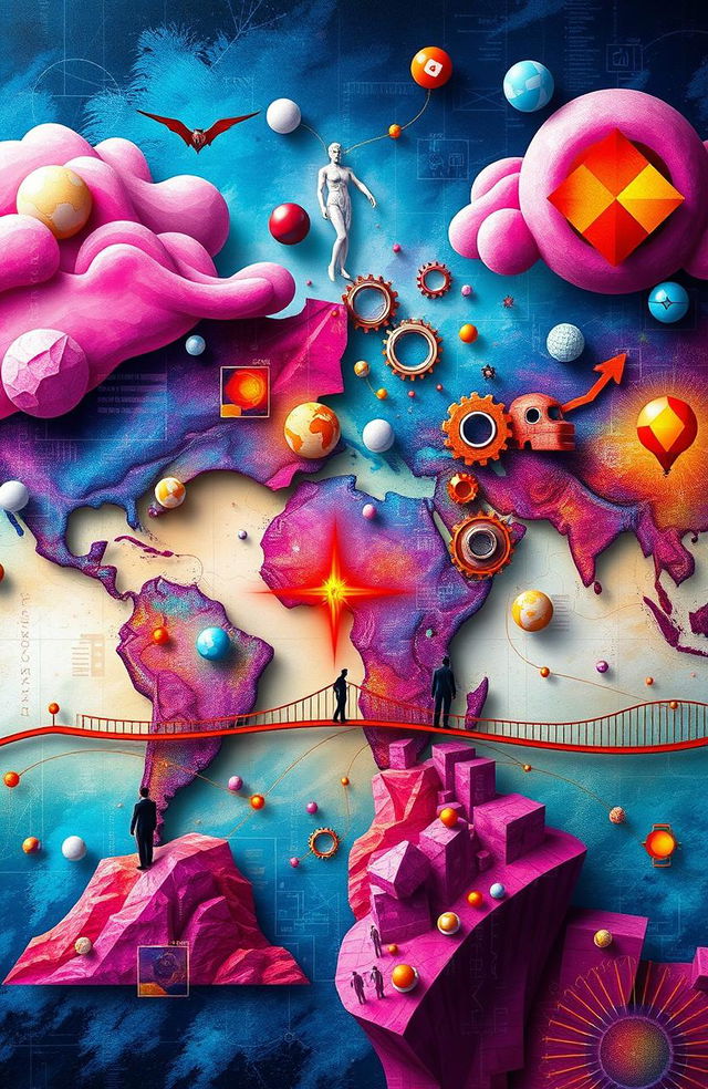 A symbolic and abstract representation of the missing links in the map of humanity in the modern era, featuring a plastic art style that includes vibrant colors and surreal elements