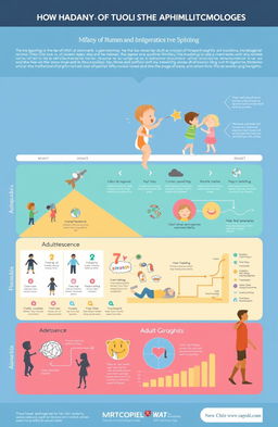 A detailed infographic illustrating the stages of human growth and development from infancy to adulthood