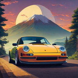 Porsche GT3 in a Studio Ghibli film poster with a retro 90s Ghibli aesthetic.