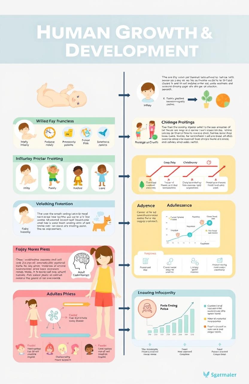 A detailed infographic illustrating the stages of human growth and development from infancy to adulthood