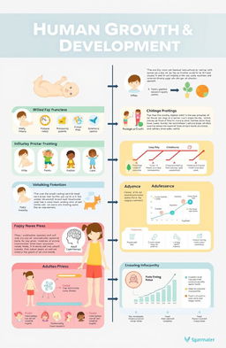 A detailed infographic illustrating the stages of human growth and development from infancy to adulthood