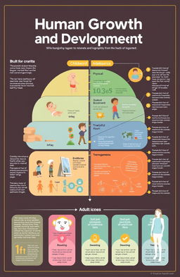 A detailed infographic illustrating the stages of human growth and development from infancy to adulthood