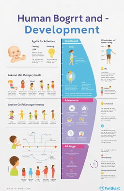 A detailed infographic illustrating the stages of human growth and development from infancy to adulthood