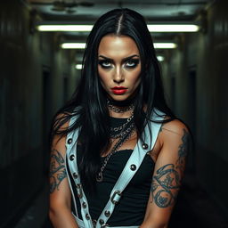 A striking goth girl, dressed in an edgy black outfit adorned with spikes and chains, is depicted in a white straitjacket