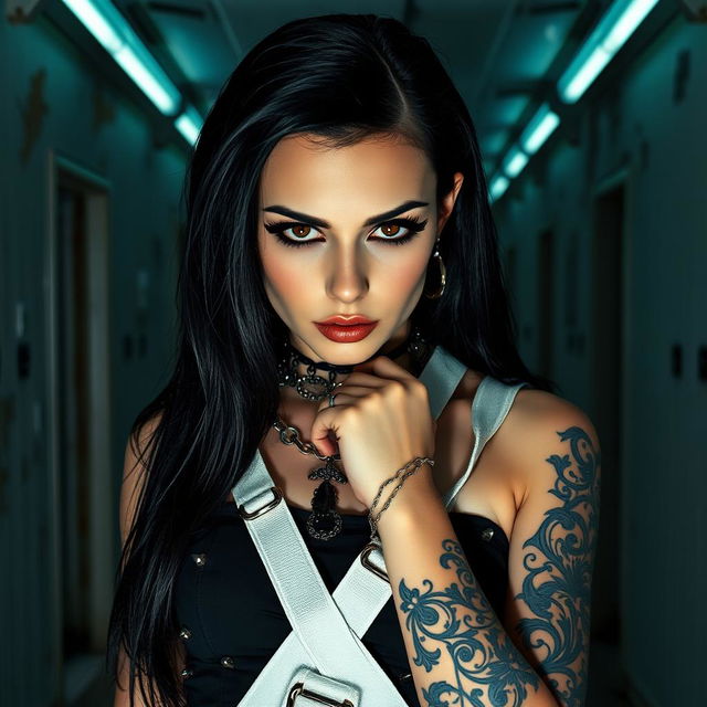 A striking goth girl, dressed in an edgy black outfit adorned with spikes and chains, is depicted in a white straitjacket