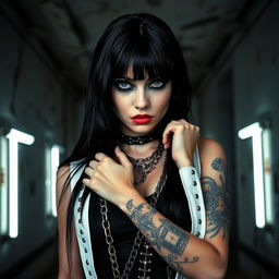 A striking goth girl, dressed in an edgy black outfit adorned with spikes and chains, is depicted in a white straitjacket