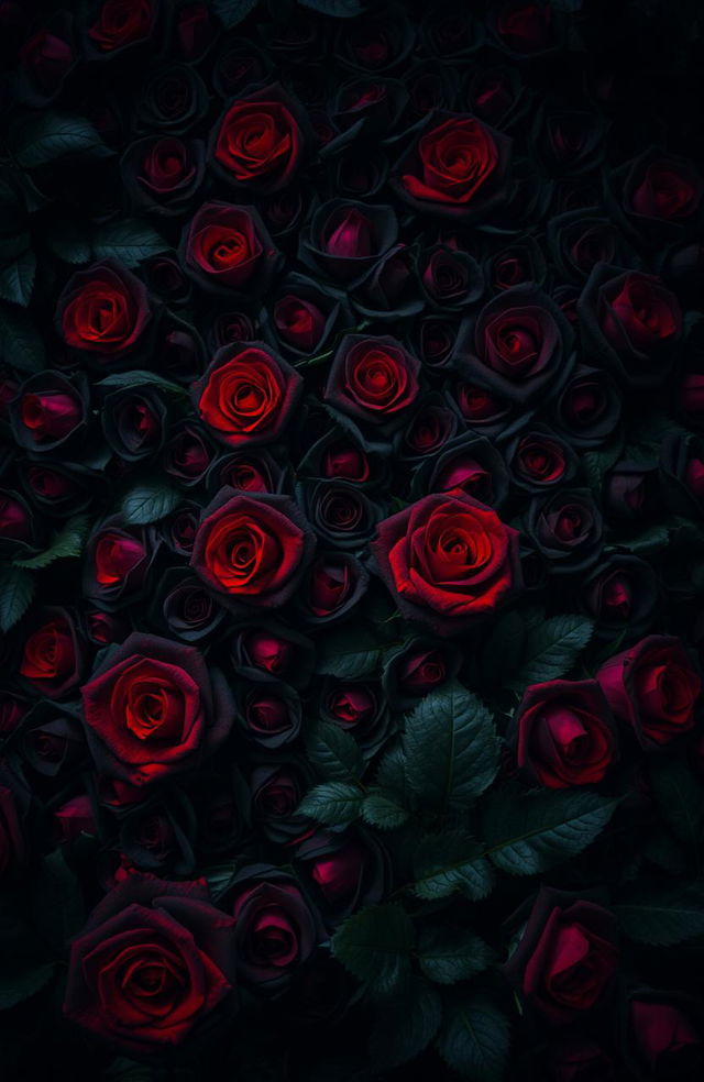 A dark and dramatic background filled with an intricate arrangement of black and red roses, some petals bearing splatters of vivid red blood, creating a striking contrast against the lush greenery