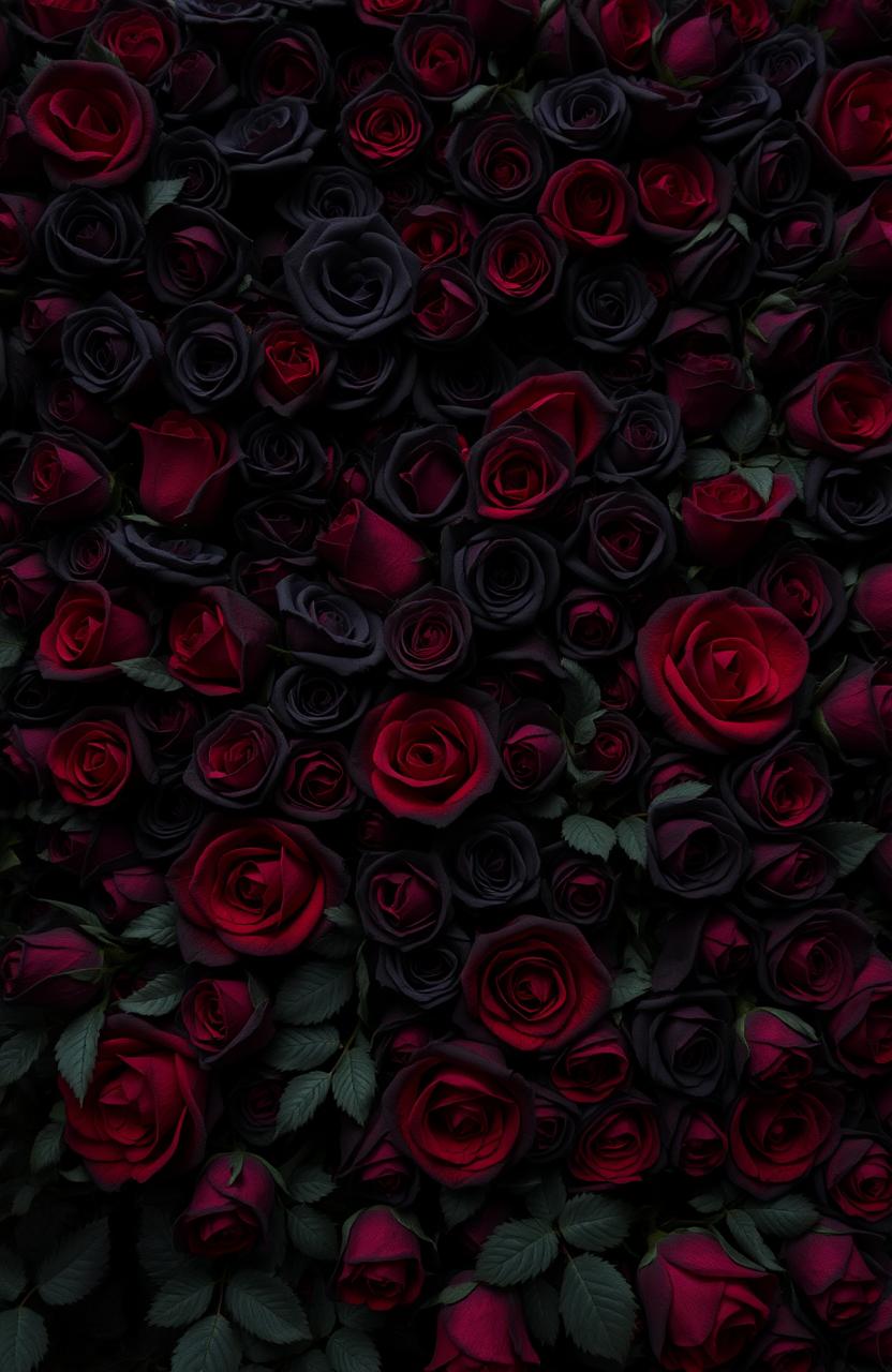A dark and dramatic background filled with an intricate arrangement of black and red roses, some petals bearing splatters of vivid red blood, creating a striking contrast against the lush greenery