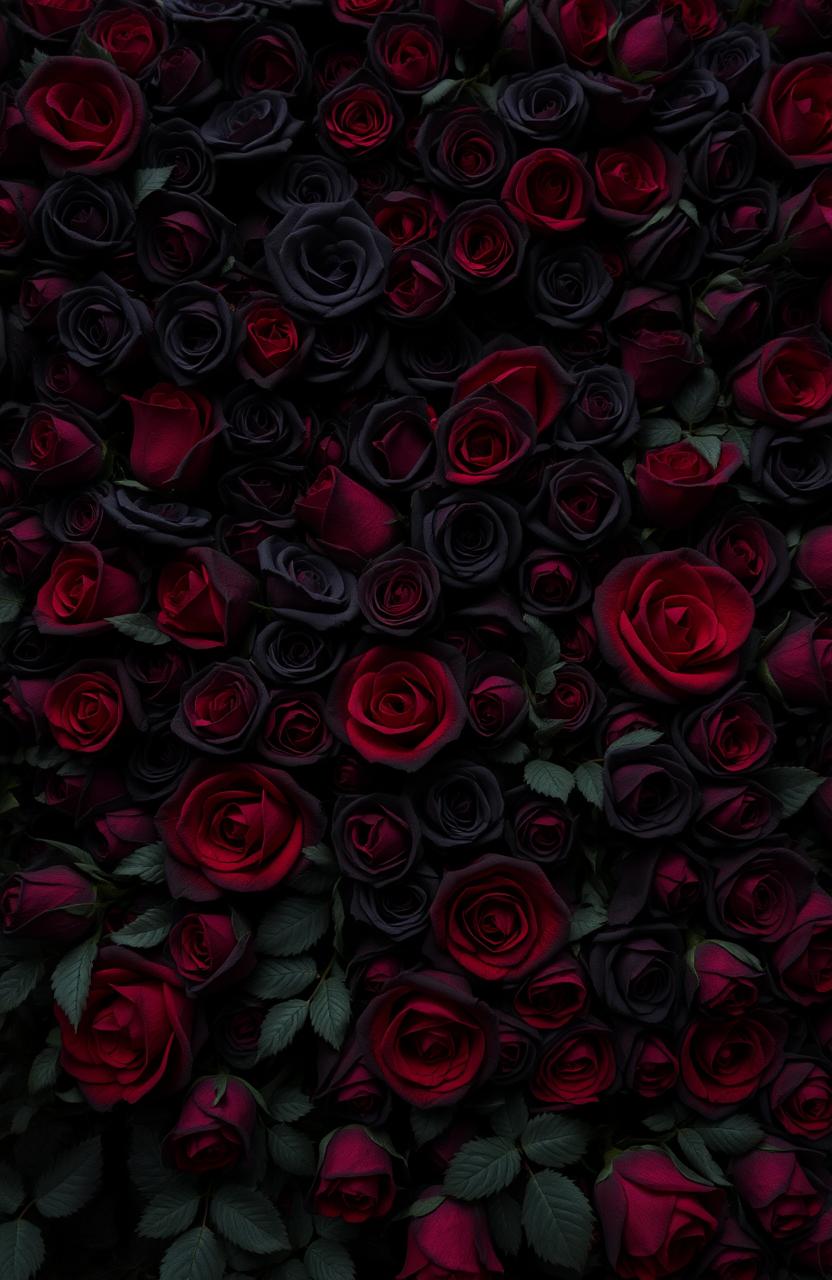 A dark and dramatic background filled with an intricate arrangement of black and red roses, some petals bearing splatters of vivid red blood, creating a striking contrast against the lush greenery