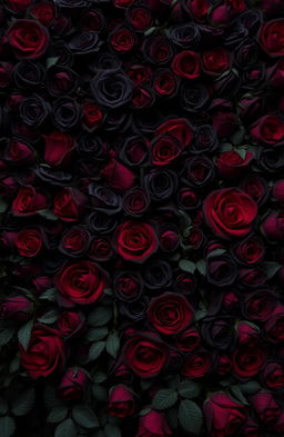 A dark and dramatic background filled with an intricate arrangement of black and red roses, some petals bearing splatters of vivid red blood, creating a striking contrast against the lush greenery