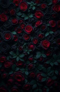 A dark and dramatic background filled with an intricate arrangement of black and red roses, some petals bearing splatters of vivid red blood, creating a striking contrast against the lush greenery