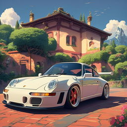 Porsche GT3 in a Studio Ghibli film poster with a retro 90s Ghibli aesthetic.