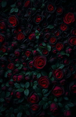 A dark and dramatic background filled with an intricate arrangement of black and red roses, some petals bearing splatters of vivid red blood, creating a striking contrast against the lush greenery