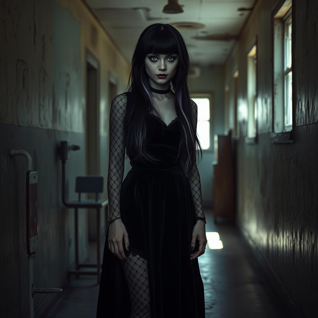 A mysterious goth girl standing in a dimly lit asylum corridor