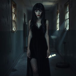 A mysterious goth girl standing in a dimly lit asylum corridor