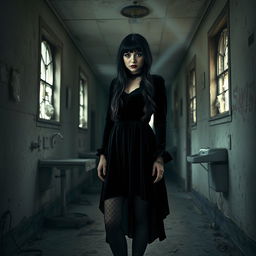 A mysterious goth girl standing in a dimly lit asylum corridor