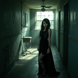 A mysterious goth girl standing in a dimly lit asylum corridor