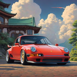 Porsche GT3 in a Studio Ghibli film poster with a retro 90s Ghibli aesthetic.