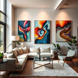 A stylish living room featuring beautiful, abstract art pieces hanging on the walls