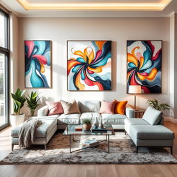 A stylish living room featuring beautiful, abstract art pieces hanging on the walls