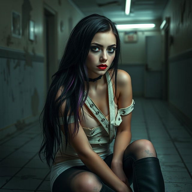 A striking goth girl wearing a straitjacket, set in a dimly lit asylum room with peeling paint and flickering fluorescent lights