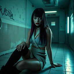 A striking goth girl wearing a straitjacket, set in a dimly lit asylum room with peeling paint and flickering fluorescent lights