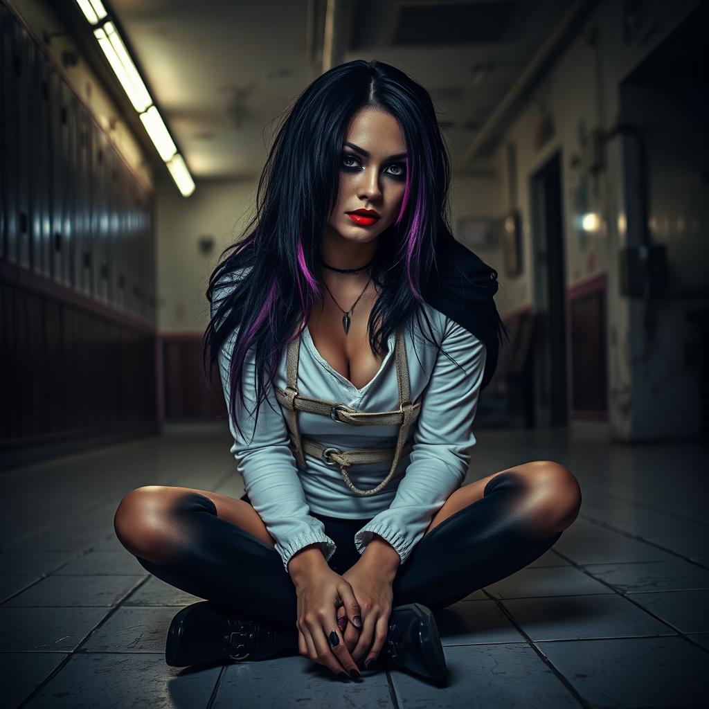 A striking goth girl wearing a straitjacket, set in a dimly lit asylum room with peeling paint and flickering fluorescent lights