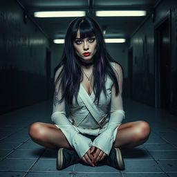 A striking goth girl wearing a straitjacket, set in a dimly lit asylum room with peeling paint and flickering fluorescent lights