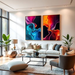 A stylish living room featuring beautiful, abstract art pieces hanging on the walls