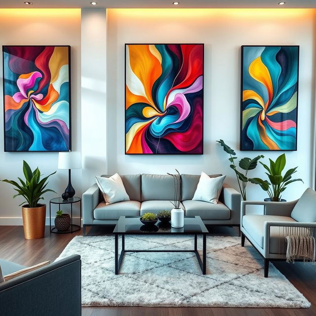 A stylish living room featuring beautiful, abstract art pieces hanging on the walls