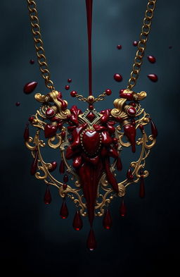A striking and dramatic necklace symbolizing devotion to someone, intricately designed and overflowing with vibrant red blood elements, showcasing a mix of elegance and intensity